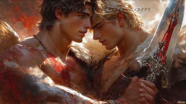 Hot & Sexy Male Warriors in Love. A painting of a young man and his partner just after a bloody battle. Embracing each other that they survived this terrible event. Insanely handsome, perfect cherub faces, detailed faces, of two warriors after a bloody battle, blooded and battle scared, holding a chrome & red blade, perfect detailed handsome faces, high cheekbones, rosy cheeks, strong jawlines, cute, intimate scene of 2boys in love, overwhelmed by emotion, they survived the battle together, embracing each other.