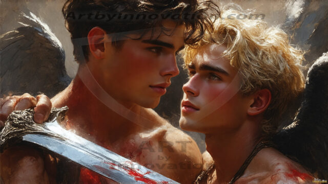 Hot & Sexy Male Warriors in Love. A painting of a young man and his partner just after a bloody battle. Embracing each other that they survived this terrible event. Insanely handsome, perfect cherub faces, detailed faces, of two warriors after a bloody battle, blooded and battle scared, holding a chrome & red blade, perfect detailed handsome faces, high cheekbones, rosy cheeks, strong jawlines, cute, intimate scene of 2boys in love, overwhelmed by emotion, they survived the battle together, embracing each other.