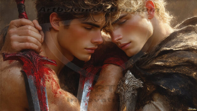Hot & Sexy Male Warriors in Love. A painting of a young man and his partner just after a bloody battle. Embracing each other that they survived this terrible event. Insanely handsome, perfect cherub faces, detailed faces, of two warriors after a bloody battle, blooded and battle scared, holding a chrome & red blade, perfect detailed handsome faces, high cheekbones, rosy cheeks, strong jawlines, cute, intimate scene of 2boys in love, overwhelmed by emotion, they survived the battle together, embracing each other.