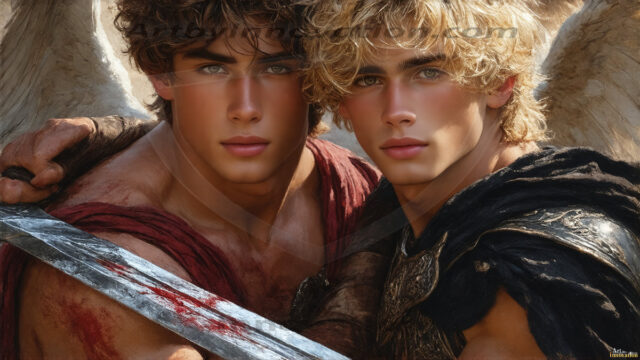 Hot & Sexy Male Warriors in Love. A painting of a young man and his partner just after a bloody battle. Embracing each other that they survived this terrible event. Insanely handsome, perfect cherub faces, detailed faces, of two warriors after a bloody battle, blooded and battle scared, holding a chrome & red blade, perfect detailed handsome faces, high cheekbones, rosy cheeks, strong jawlines, cute, intimate scene of 2boys in love, overwhelmed by emotion, they survived the battle together, embracing each other.