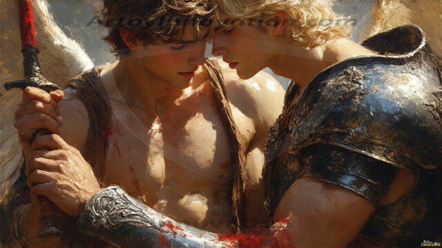 Hot & Sexy Male Warriors in Love. A painting of a young man and his partner just after a bloody battle. Embracing each other that they survived this terrible event. Insanely handsome, perfect cherub faces, detailed faces, of two warriors after a bloody battle, blooded and battle scared, holding a chrome & red blade, perfect detailed handsome faces, high cheekbones, rosy cheeks, strong jawlines, cute, intimate scene of 2boys in love, overwhelmed by emotion, they survived the battle together, embracing each other.