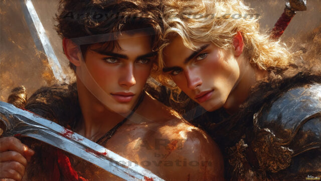 Hot & Sexy Male Warriors in Love. A painting of a young man and his partner just after a bloody battle. Embracing each other that they survived this terrible event. Insanely handsome, perfect cherub faces, detailed faces, of two warriors after a bloody battle, blooded and battle scared, holding a chrome & red blade, perfect detailed handsome faces, high cheekbones, rosy cheeks, strong jawlines, cute, intimate scene of 2boys in love, overwhelmed by emotion, they survived the battle together, embracing each other.