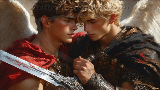 Hot & Sexy Male Warriors in Love. A painting of a young man and his partner just after a bloody battle. Embracing each other that they survived this terrible event. Insanely handsome, perfect cherub faces, detailed faces, of two warriors after a bloody battle, blooded and battle scared, holding a chrome & red blade, perfect detailed handsome faces, high cheekbones, rosy cheeks, strong jawlines, cute, intimate scene of 2boys in love, overwhelmed by emotion, they survived the battle together, embracing each other.