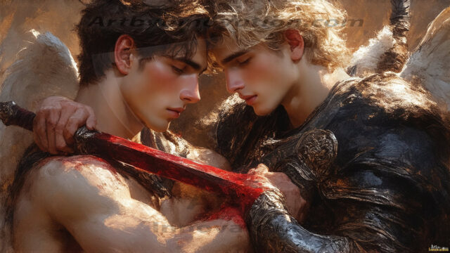 Hot & Sexy Male Warriors in Love. A painting of a young man and his partner just after a bloody battle. Embracing each other that they survived this terrible event. Insanely handsome, perfect cherub faces, detailed faces, of two warriors after a bloody battle, blooded and battle scared, holding a chrome & red blade, perfect detailed handsome faces, high cheekbones, rosy cheeks, strong jawlines, cute, intimate scene of 2boys in love, overwhelmed by emotion, they survived the battle together, embracing each other.