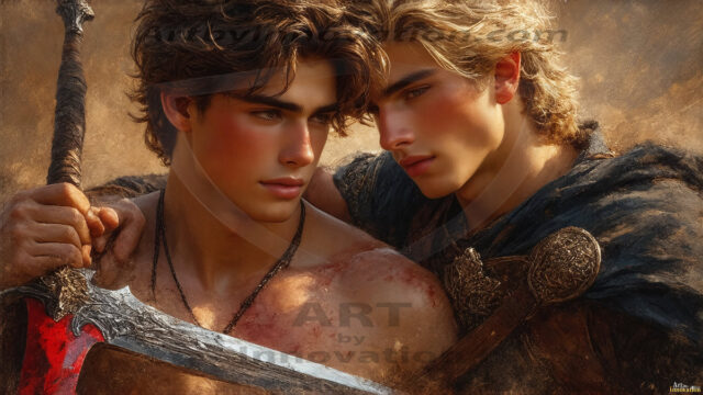 Hot & Sexy Male Warriors in Love. A painting of a young man and his partner just after a bloody battle. Embracing each other that they survived this terrible event. Insanely handsome, perfect cherub faces, detailed faces, of two warriors after a bloody battle, blooded and battle scared, holding a chrome & red blade, perfect detailed handsome faces, high cheekbones, rosy cheeks, strong jawlines, cute, intimate scene of 2boys in love, overwhelmed by emotion, they survived the battle together, embracing each other.