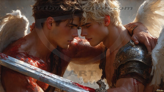 Hot & Sexy Male Warriors in Love. A painting of a young man and his partner just after a bloody battle. Embracing each other that they survived this terrible event. Insanely handsome, perfect cherub faces, detailed faces, of two warriors after a bloody battle, blooded and battle scared, holding a chrome & red blade, perfect detailed handsome faces, high cheekbones, rosy cheeks, strong jawlines, cute, intimate scene of 2boys in love, overwhelmed by emotion, they survived the battle together, embracing each other.