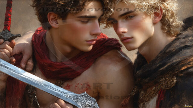 Hot & Sexy Male Warriors in Love. A painting of a young man and his partner just after a bloody battle. Embracing each other that they survived this terrible event. Insanely handsome, perfect cherub faces, detailed faces, of two warriors after a bloody battle, blooded and battle scared, holding a chrome & red blade, perfect detailed handsome faces, high cheekbones, rosy cheeks, strong jawlines, cute, intimate scene of 2boys in love, overwhelmed by emotion, they survived the battle together, embracing each other.