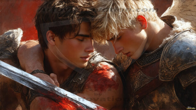 Hot & Sexy Male Warriors in Love. A painting of a young man and his partner just after a bloody battle. Embracing each other that they survived this terrible event. Insanely handsome, perfect cherub faces, detailed faces, of two warriors after a bloody battle, blooded and battle scared, holding a chrome & red blade, perfect detailed handsome faces, high cheekbones, rosy cheeks, strong jawlines, cute, intimate scene of 2boys in love, overwhelmed by emotion, they survived the battle together, embracing each other.