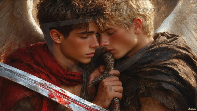 Hot & Sexy Male Warriors in Love. A painting of a young man and his partner just after a bloody battle. Embracing each other that they survived this terrible event. Insanely handsome, perfect cherub faces, detailed faces, of two warriors after a bloody battle, blooded and battle scared, holding a chrome & red blade, perfect detailed handsome faces, high cheekbones, rosy cheeks, strong jawlines, cute, intimate scene of 2boys in love, overwhelmed by emotion, they survived the battle together, embracing each other.