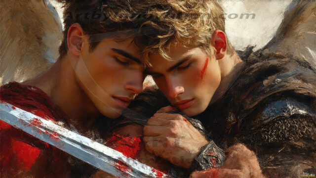 Hot & Sexy Male Warriors in Love. A painting of a young man and his partner just after a bloody battle. Embracing each other that they survived this terrible event. Insanely handsome, perfect cherub faces, detailed faces, of two warriors after a bloody battle, blooded and battle scared, holding a chrome & red blade, perfect detailed handsome faces, high cheekbones, rosy cheeks, strong jawlines, cute, intimate scene of 2boys in love, overwhelmed by emotion, they survived the battle together, embracing each other.