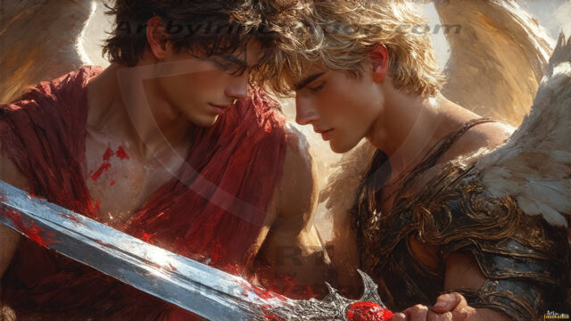 Hot & Sexy Male Warriors in Love. A painting of a young man and his partner just after a bloody battle. Embracing each other that they survived this terrible event. Insanely handsome, perfect cherub faces, detailed faces, of two warriors after a bloody battle, blooded and battle scared, holding a chrome & red blade, perfect detailed handsome faces, high cheekbones, rosy cheeks, strong jawlines, cute, intimate scene of 2boys in love, overwhelmed by emotion, they survived the battle together, embracing each other.