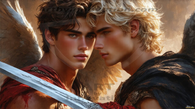 Hot & Sexy Male Warriors in Love. A painting of a young man and his partner just after a bloody battle. Embracing each other that they survived this terrible event. Insanely handsome, perfect cherub faces, detailed faces, of two warriors after a bloody battle, blooded and battle scared, holding a chrome & red blade, perfect detailed handsome faces, high cheekbones, rosy cheeks, strong jawlines, cute, intimate scene of 2boys in love, overwhelmed by emotion, they survived the battle together, embracing each other.