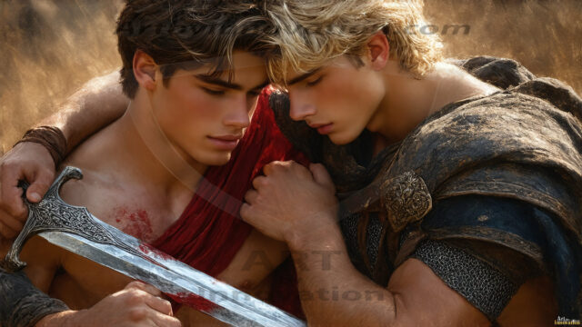Hot & Sexy Male Warriors in Love. A painting of a young man and his partner just after a bloody battle. Embracing each other that they survived this terrible event. Insanely handsome, perfect cherub faces, detailed faces, of two warriors after a bloody battle, blooded and battle scared, holding a chrome & red blade, perfect detailed handsome faces, high cheekbones, rosy cheeks, strong jawlines, cute, intimate scene of 2boys in love, overwhelmed by emotion, they survived the battle together, embracing each other.