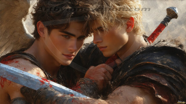 Hot & Sexy Male Warriors in Love. A painting of a young man and his partner just after a bloody battle. Embracing each other that they survived this terrible event. Insanely handsome, perfect cherub faces, detailed faces, of two warriors after a bloody battle, blooded and battle scared, holding a chrome & red blade, perfect detailed handsome faces, high cheekbones, rosy cheeks, strong jawlines, cute, intimate scene of 2boys in love, overwhelmed by emotion, they survived the battle together, embracing each other.
