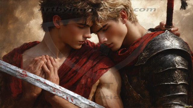 Hot & Sexy Male Warriors in Love. A painting of a young man and his partner just after a bloody battle. Embracing each other that they survived this terrible event. Insanely handsome, perfect cherub faces, detailed faces, of two warriors after a bloody battle, blooded and battle scared, holding a chrome & red blade, perfect detailed handsome faces, high cheekbones, rosy cheeks, strong jawlines, cute, intimate scene of 2boys in love, overwhelmed by emotion, they survived the battle together, embracing each other.
