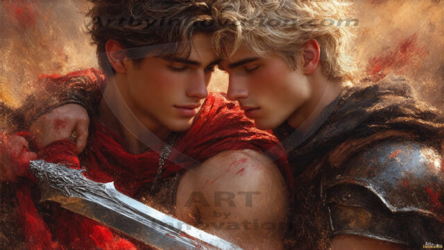 Hot & Sexy Male Warriors in Love. A painting of a young man and his partner just after a bloody battle. Embracing each other that they survived this terrible event. Insanely handsome, perfect cherub faces, detailed faces, of two warriors after a bloody battle, blooded and battle scared, holding a chrome & red blade, perfect detailed handsome faces, high cheekbones, rosy cheeks, strong jawlines, cute, intimate scene of 2boys in love, overwhelmed by emotion, they survived the battle together, embracing each other.
