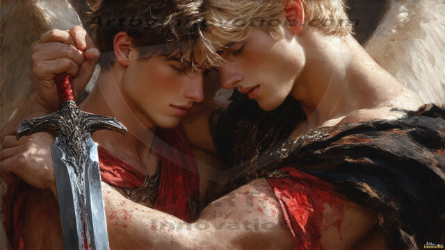 Hot & Sexy Male Warriors in Love. A painting of a young man and his partner just after a bloody battle. Embracing each other that they survived this terrible event. Insanely handsome, perfect cherub faces, detailed faces, of two warriors after a bloody battle, blooded and battle scared, holding a chrome & red blade, perfect detailed handsome faces, high cheekbones, rosy cheeks, strong jawlines, cute, intimate scene of 2boys in love, overwhelmed by emotion, they survived the battle together, embracing each other.