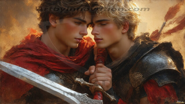 Hot & Sexy Male Warriors in Love. A painting of a young man and his partner just after a bloody battle. Embracing each other that they survived this terrible event. Insanely handsome, perfect cherub faces, detailed faces, of two warriors after a bloody battle, blooded and battle scared, holding a chrome & red blade, perfect detailed handsome faces, high cheekbones, rosy cheeks, strong jawlines, cute, intimate scene of 2boys in love, overwhelmed by emotion, they survived the battle together, embracing each other.