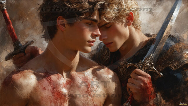 Hot & Sexy Male Warriors in Love. A painting of a young man and his partner just after a bloody battle. Embracing each other that they survived this terrible event. Insanely handsome, perfect cherub faces, detailed faces, of two warriors after a bloody battle, blooded and battle scared, holding a chrome & red blade, perfect detailed handsome faces, high cheekbones, rosy cheeks, strong jawlines, cute, intimate scene of 2boys in love, overwhelmed by emotion, they survived the battle together, embracing each other.