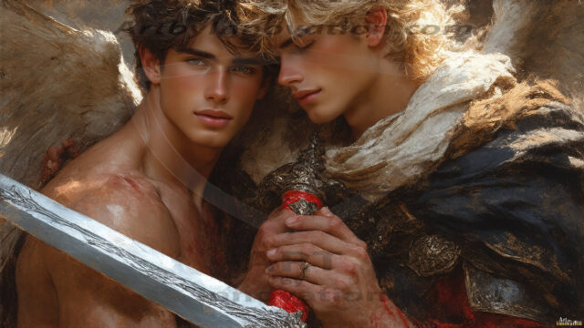 Hot & Sexy Male Warriors in Love. A painting of a young man and his partner just after a bloody battle. Embracing each other that they survived this terrible event. Insanely handsome, perfect cherub faces, detailed faces, of two warriors after a bloody battle, blooded and battle scared, holding a chrome & red blade, perfect detailed handsome faces, high cheekbones, rosy cheeks, strong jawlines, cute, intimate scene of 2boys in love, overwhelmed by emotion, they survived the battle together, embracing each other.
