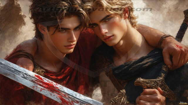 Hot & Sexy Male Warriors in Love. A painting of a young man and his partner just after a bloody battle. Embracing each other that they survived this terrible event. Insanely handsome, perfect cherub faces, detailed faces, of two warriors after a bloody battle, blooded and battle scared, holding a chrome & red blade, perfect detailed handsome faces, high cheekbones, rosy cheeks, strong jawlines, cute, intimate scene of 2boys in love, overwhelmed by emotion, they survived the battle together, embracing each other.