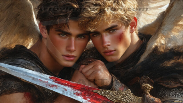 Hot & Sexy Male Warriors in Love. A painting of a young man and his partner just after a bloody battle. Embracing each other that they survived this terrible event. Insanely handsome, perfect cherub faces, detailed faces, of two warriors after a bloody battle, blooded and battle scared, holding a chrome & red blade, perfect detailed handsome faces, high cheekbones, rosy cheeks, strong jawlines, cute, intimate scene of 2boys in love, overwhelmed by emotion, they survived the battle together, embracing each other.
