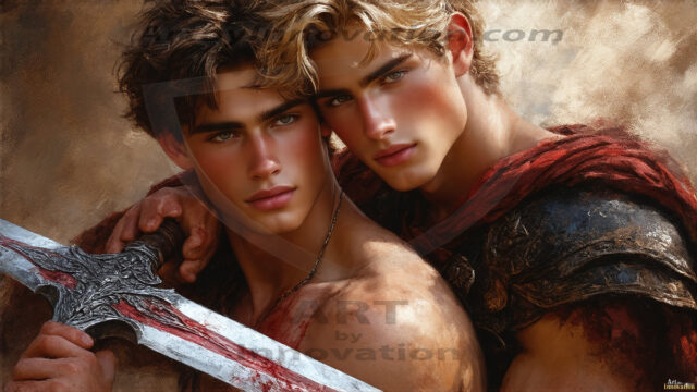 Hot & Sexy Male Warriors in Love. A painting of a young man and his partner just after a bloody battle. Embracing each other that they survived this terrible event. Insanely handsome, perfect cherub faces, detailed faces, of two warriors after a bloody battle, blooded and battle scared, holding a chrome & red blade, perfect detailed handsome faces, high cheekbones, rosy cheeks, strong jawlines, cute, intimate scene of 2boys in love, overwhelmed by emotion, they survived the battle together, embracing each other.