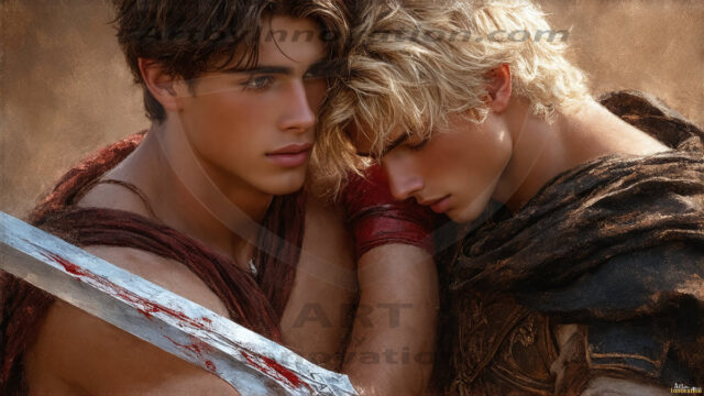 Hot & Sexy Male Warriors in Love. A painting of a young man and his partner just after a bloody battle. Embracing each other that they survived this terrible event. Insanely handsome, perfect cherub faces, detailed faces, of two warriors after a bloody battle, blooded and battle scared, holding a chrome & red blade, perfect detailed handsome faces, high cheekbones, rosy cheeks, strong jawlines, cute, intimate scene of 2boys in love, overwhelmed by emotion, they survived the battle together, embracing each other.