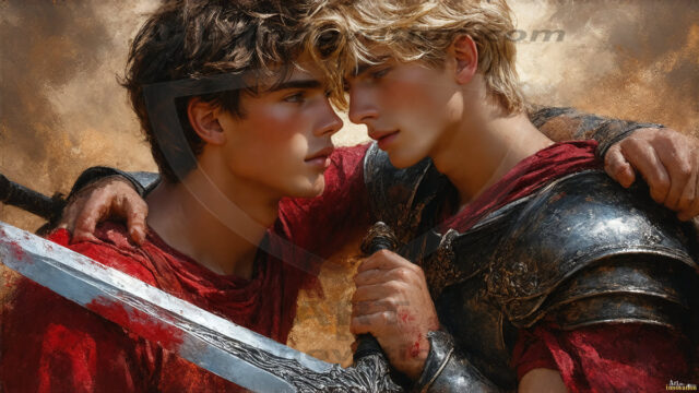 Hot & Sexy Male Warriors in Love. A painting of a young man and his partner just after a bloody battle. Embracing each other that they survived this terrible event. Insanely handsome, perfect cherub faces, detailed faces, of two warriors after a bloody battle, blooded and battle scared, holding a chrome & red blade, perfect detailed handsome faces, high cheekbones, rosy cheeks, strong jawlines, cute, intimate scene of 2boys in love, overwhelmed by emotion, they survived the battle together, embracing each other.