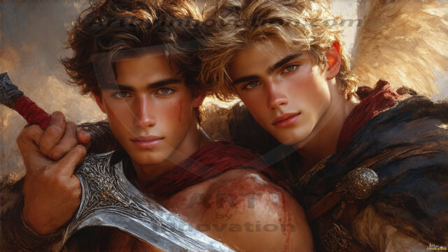 Hot & Sexy Male Warriors in Love. A painting of a young man and his partner just after a bloody battle. Embracing each other that they survived this terrible event. Insanely handsome, perfect cherub faces, detailed faces, of two warriors after a bloody battle, blooded and battle scared, holding a chrome & red blade, perfect detailed handsome faces, high cheekbones, rosy cheeks, strong jawlines, cute, intimate scene of 2boys in love, overwhelmed by emotion, they survived the battle together, embracing each other.