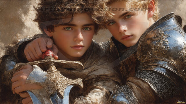 Hot & Sexy Male Warriors in Love. A painting of a young man and his partner just after a bloody battle. Embracing each other that they survived this terrible event. Insanely handsome, perfect cherub faces, detailed faces, of two warriors after a bloody battle, blooded and battle scared, holding a chrome & red blade, perfect detailed handsome faces, high cheekbones, rosy cheeks, strong jawlines, cute, intimate scene of 2boys in love, overwhelmed by emotion, they survived the battle together, embracing each other.