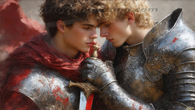 Hot & Sexy Male Warriors in Love. A painting of a young man and his partner just after a bloody battle. Embracing each other that they survived this terrible event. Insanely handsome, perfect cherub faces, detailed faces, of two warriors after a bloody battle, blooded and battle scared, holding a chrome & red blade, perfect detailed handsome faces, high cheekbones, rosy cheeks, strong jawlines, cute, intimate scene of 2boys in love, overwhelmed by emotion, they survived the battle together, embracing each other.