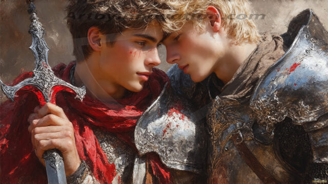 Hot & Sexy Male Warriors in Love. A painting of a young man and his partner just after a bloody battle. Embracing each other that they survived this terrible event. Insanely handsome, perfect cherub faces, detailed faces, of two warriors after a bloody battle, blooded and battle scared, holding a chrome & red blade, perfect detailed handsome faces, high cheekbones, rosy cheeks, strong jawlines, cute, intimate scene of 2boys in love, overwhelmed by emotion, they survived the battle together, embracing each other.