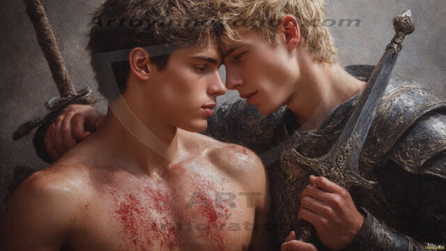 Hot & Sexy Male Warriors in Love. A painting of a young man and his partner just after a bloody battle. Embracing each other that they survived this terrible event. Insanely handsome, perfect cherub faces, detailed faces, of two warriors after a bloody battle, blooded and battle scared, holding a chrome & red blade, perfect detailed handsome faces, high cheekbones, rosy cheeks, strong jawlines, cute, intimate scene of 2boys in love, overwhelmed by emotion, they survived the battle together, embracing each other.