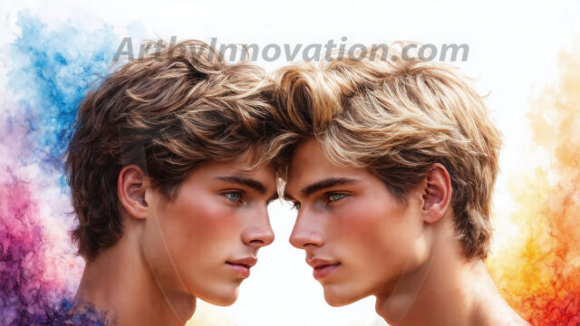 Hot & Sexy Male Warriors in Love. A painting of a young man and his partner just after a bloody battle. Embracing each other that they survived this terrible event. Insanely handsome, perfect cherub faces, detailed faces, of two warriors after a bloody battle, blooded and battle scared, holding a chrome & red blade, perfect detailed handsome faces, high cheekbones, rosy cheeks, strong jawlines, cute, intimate scene of 2boys in love, overwhelmed by emotion, they survived the battle together, embracing each other.