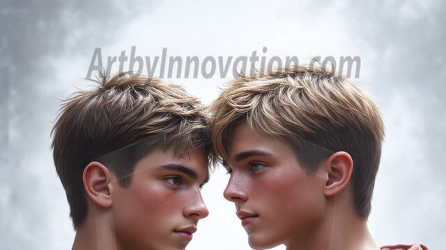 Hot & Sexy Male Warriors in Love. A painting of a young man and his partner just after a bloody battle. Embracing each other that they survived this terrible event. Insanely handsome, perfect cherub faces, detailed faces, of two warriors after a bloody battle, blooded and battle scared, holding a chrome & red blade, perfect detailed handsome faces, high cheekbones, rosy cheeks, strong jawlines, cute, intimate scene of 2boys in love, overwhelmed by emotion, they survived the battle together, embracing each other.