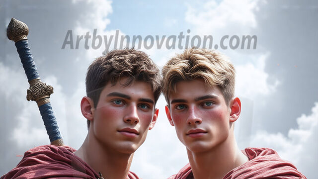 Hot & Sexy Male Warriors in Love. A painting of a young man and his partner just after a bloody battle. Embracing each other that they survived this terrible event. Insanely handsome, perfect cherub faces, detailed faces, of two warriors after a bloody battle, blooded and battle scared, holding a chrome & red blade, perfect detailed handsome faces, high cheekbones, rosy cheeks, strong jawlines, cute, intimate scene of 2boys in love, overwhelmed by emotion, they survived the battle together, embracing each other.