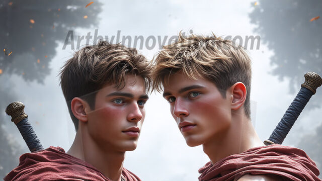 Hot & Sexy Male Warriors in Love. A painting of a young man and his partner just after a bloody battle. Embracing each other that they survived this terrible event. Insanely handsome, perfect cherub faces, detailed faces, of two warriors after a bloody battle, blooded and battle scared, holding a chrome & red blade, perfect detailed handsome faces, high cheekbones, rosy cheeks, strong jawlines, cute, intimate scene of 2boys in love, overwhelmed by emotion, they survived the battle together, embracing each other.