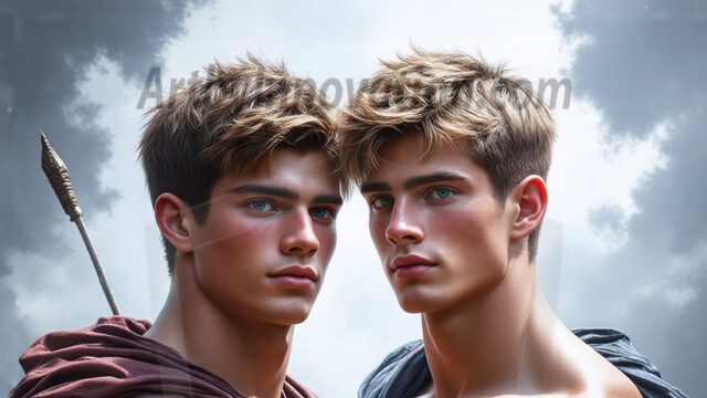 Hot & Sexy Male Warriors in Love. A painting of a young man and his partner just after a bloody battle. Embracing each other that they survived this terrible event. Insanely handsome, perfect cherub faces, detailed faces, of two warriors after a bloody battle, blooded and battle scared, holding a chrome & red blade, perfect detailed handsome faces, high cheekbones, rosy cheeks, strong jawlines, cute, intimate scene of 2boys in love, overwhelmed by emotion, they survived the battle together, embracing each other.