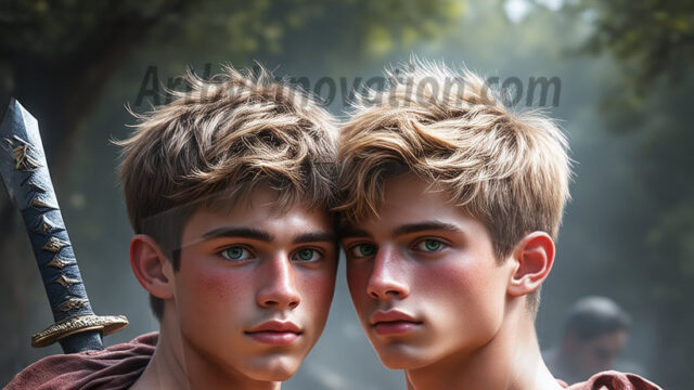 Hot & Sexy Male Warriors in Love. A painting of a young man and his partner just after a bloody battle. Embracing each other that they survived this terrible event. Insanely handsome, perfect cherub faces, detailed faces, of two warriors after a bloody battle, blooded and battle scared, holding a chrome & red blade, perfect detailed handsome faces, high cheekbones, rosy cheeks, strong jawlines, cute, intimate scene of 2boys in love, overwhelmed by emotion, they survived the battle together, embracing each other.