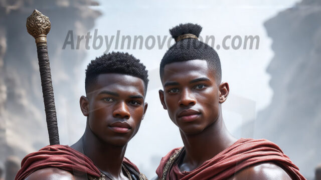 Hot & Sexy Male Warriors in Love. A painting of a young man and his partner just after a bloody battle. Embracing each other that they survived this terrible event. Insanely handsome, perfect cherub faces, detailed faces, of two warriors after a bloody battle, blooded and battle scared, holding a chrome & red blade, perfect detailed handsome faces, high cheekbones, rosy cheeks, strong jawlines, cute, intimate scene of 2boys in love, overwhelmed by emotion, they survived the battle together, embracing each other.