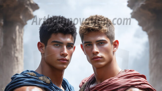 Hot & Sexy Male Warriors in Love. A painting of a young man and his partner just after a bloody battle. Embracing each other that they survived this terrible event. Insanely handsome, perfect cherub faces, detailed faces, of two warriors after a bloody battle, blooded and battle scared, holding a chrome & red blade, perfect detailed handsome faces, high cheekbones, rosy cheeks, strong jawlines, cute, intimate scene of 2boys in love, overwhelmed by emotion, they survived the battle together, embracing each other.