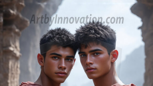 Hot & Sexy Male Warriors in Love. A painting of a young man and his partner just after a bloody battle. Embracing each other that they survived this terrible event. Insanely handsome, perfect cherub faces, detailed faces, of two warriors after a bloody battle, blooded and battle scared, holding a chrome & red blade, perfect detailed handsome faces, high cheekbones, rosy cheeks, strong jawlines, cute, intimate scene of 2boys in love, overwhelmed by emotion, they survived the battle together, embracing each other.