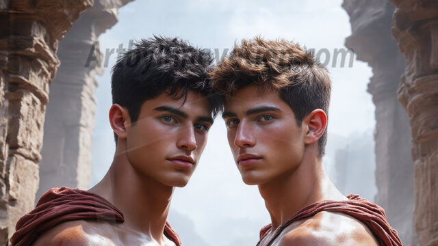 Hot & Sexy Male Warriors in Love. A painting of a young man and his partner just after a bloody battle. Embracing each other that they survived this terrible event. Insanely handsome, perfect cherub faces, detailed faces, of two warriors after a bloody battle, blooded and battle scared, holding a chrome & red blade, perfect detailed handsome faces, high cheekbones, rosy cheeks, strong jawlines, cute, intimate scene of 2boys in love, overwhelmed by emotion, they survived the battle together, embracing each other.