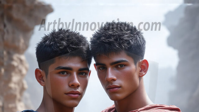 Hot & Sexy Male Warriors in Love. A painting of a young man and his partner just after a bloody battle. Embracing each other that they survived this terrible event. Insanely handsome, perfect cherub faces, detailed faces, of two warriors after a bloody battle, blooded and battle scared, holding a chrome & red blade, perfect detailed handsome faces, high cheekbones, rosy cheeks, strong jawlines, cute, intimate scene of 2boys in love, overwhelmed by emotion, they survived the battle together, embracing each other.