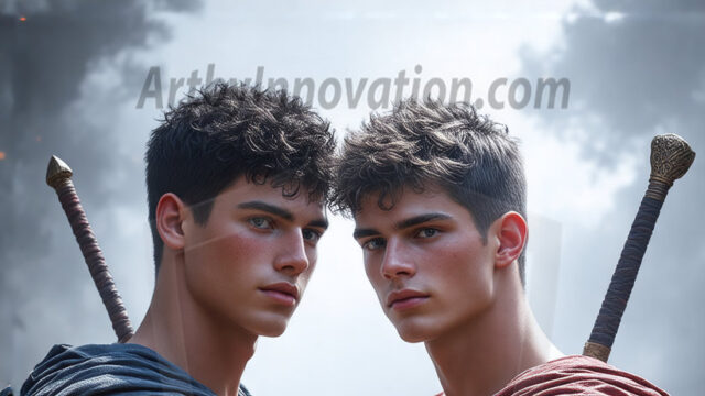 Hot & Sexy Male Warriors in Love. A painting of a young man and his partner just after a bloody battle. Embracing each other that they survived this terrible event. Insanely handsome, perfect cherub faces, detailed faces, of two warriors after a bloody battle, blooded and battle scared, holding a chrome & red blade, perfect detailed handsome faces, high cheekbones, rosy cheeks, strong jawlines, cute, intimate scene of 2boys in love, overwhelmed by emotion, they survived the battle together, embracing each other.