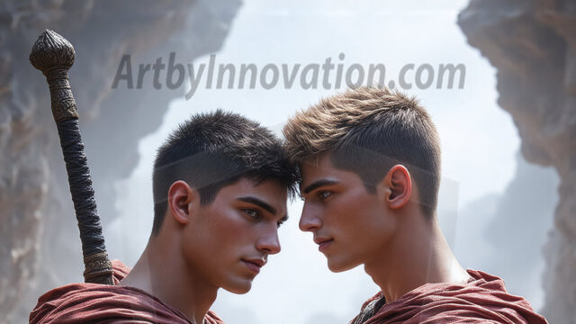 Hot & Sexy Male Warriors in Love. A painting of a young man and his partner just after a bloody battle. Embracing each other that they survived this terrible event. Insanely handsome, perfect cherub faces, detailed faces, of two warriors after a bloody battle, blooded and battle scared, holding a chrome & red blade, perfect detailed handsome faces, high cheekbones, rosy cheeks, strong jawlines, cute, intimate scene of 2boys in love, overwhelmed by emotion, they survived the battle together, embracing each other.