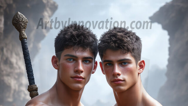 Hot & Sexy Male Warriors in Love. A painting of a young man and his partner just after a bloody battle. Embracing each other that they survived this terrible event. Insanely handsome, perfect cherub faces, detailed faces, of two warriors after a bloody battle, blooded and battle scared, holding a chrome & red blade, perfect detailed handsome faces, high cheekbones, rosy cheeks, strong jawlines, cute, intimate scene of 2boys in love, overwhelmed by emotion, they survived the battle together, embracing each other.