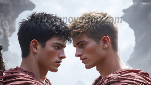 Hot & Sexy Male Warriors in Love. A painting of a young man and his partner just after a bloody battle. Embracing each other that they survived this terrible event. Insanely handsome, perfect cherub faces, detailed faces, of two warriors after a bloody battle, blooded and battle scared, holding a chrome & red blade, perfect detailed handsome faces, high cheekbones, rosy cheeks, strong jawlines, cute, intimate scene of 2boys in love, overwhelmed by emotion, they survived the battle together, embracing each other.