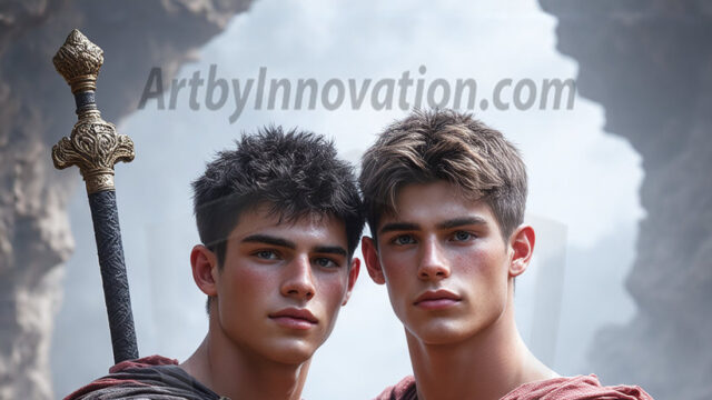 Hot & Sexy Male Warriors in Love. A painting of a young man and his partner just after a bloody battle. Embracing each other that they survived this terrible event. Insanely handsome, perfect cherub faces, detailed faces, of two warriors after a bloody battle, blooded and battle scared, holding a chrome & red blade, perfect detailed handsome faces, high cheekbones, rosy cheeks, strong jawlines, cute, intimate scene of 2boys in love, overwhelmed by emotion, they survived the battle together, embracing each other.